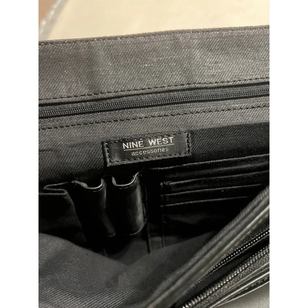 Nine West Black Leather Messenger Bag Laptop Case Professional Work Tote
